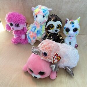Lot of Ty Beanie Boos Collectibles Plush Sequin Set of 6 Sloth Unicorn Llama Dog